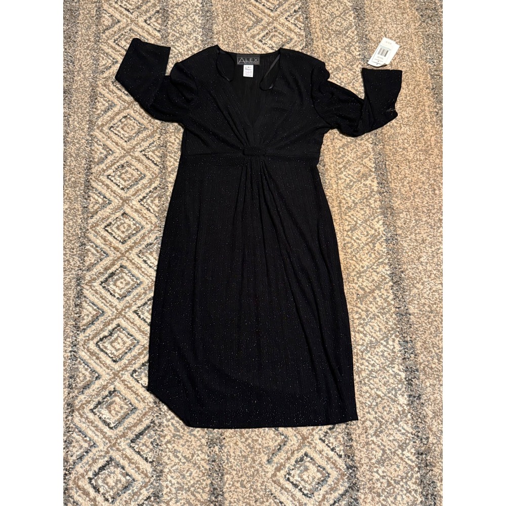 Alex Evenings Black Glitter V-Neck Knot Front Midi Cocktail Dress 122147 Mens 8